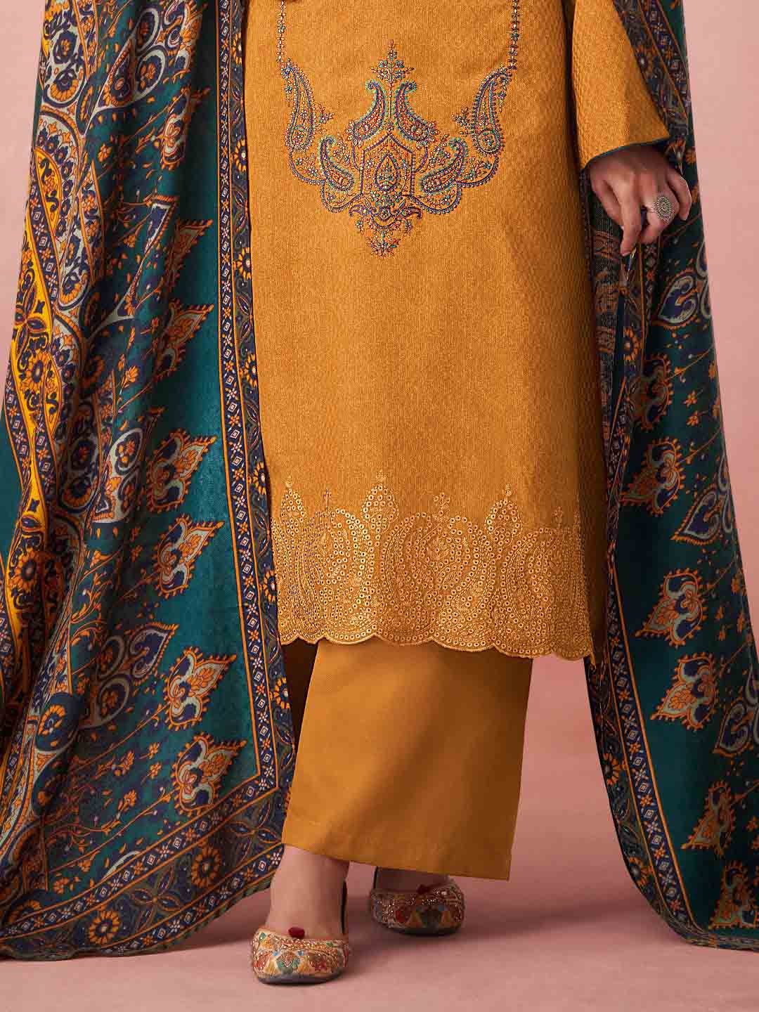 Yellow Pashmina Twill Embroidered Unstitched Winter Suit Set