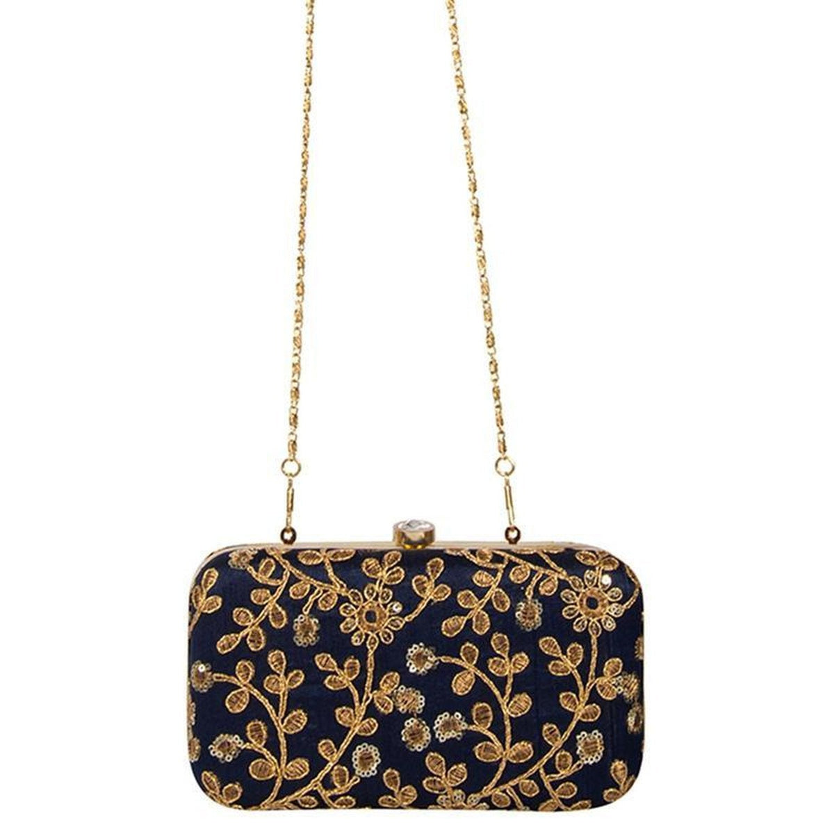Navy Blue Colored Handcrafted Partywear Zari Embroidered Clutch