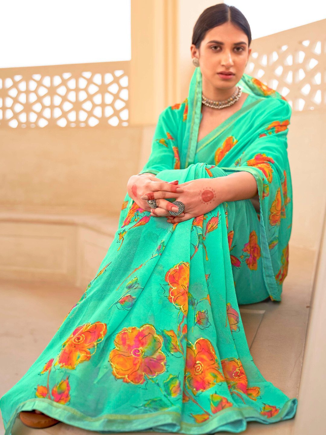 New Women's Green Printed Georgette Sarees with Lace