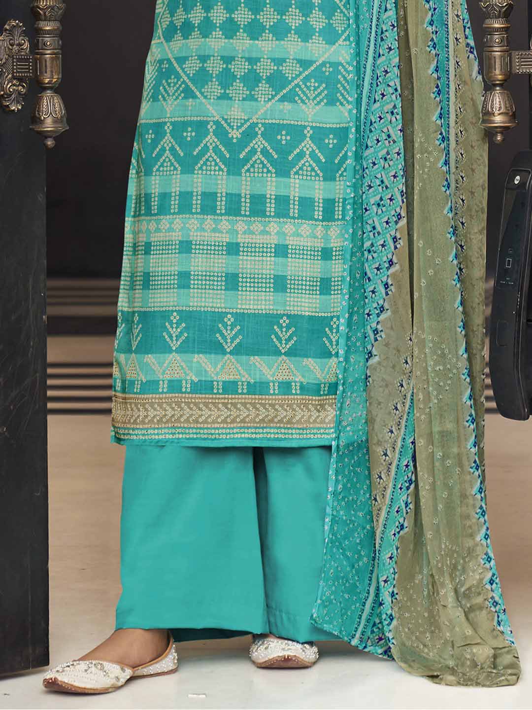 Unstitched Ocean Blue Cotton Printed Suit Materials with Dupatta