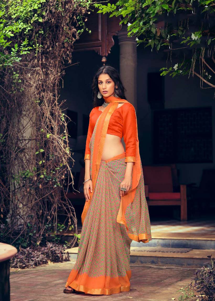 Orange Chiffon Printed Fancy Lace Border Saree for Women