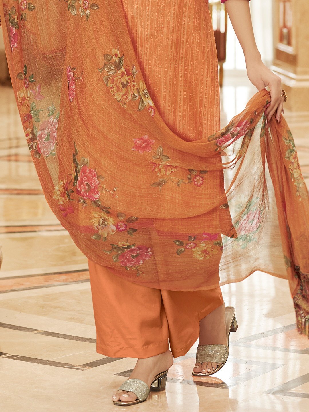 Orange Cotton Printed Unstitched Suit with Dupatta