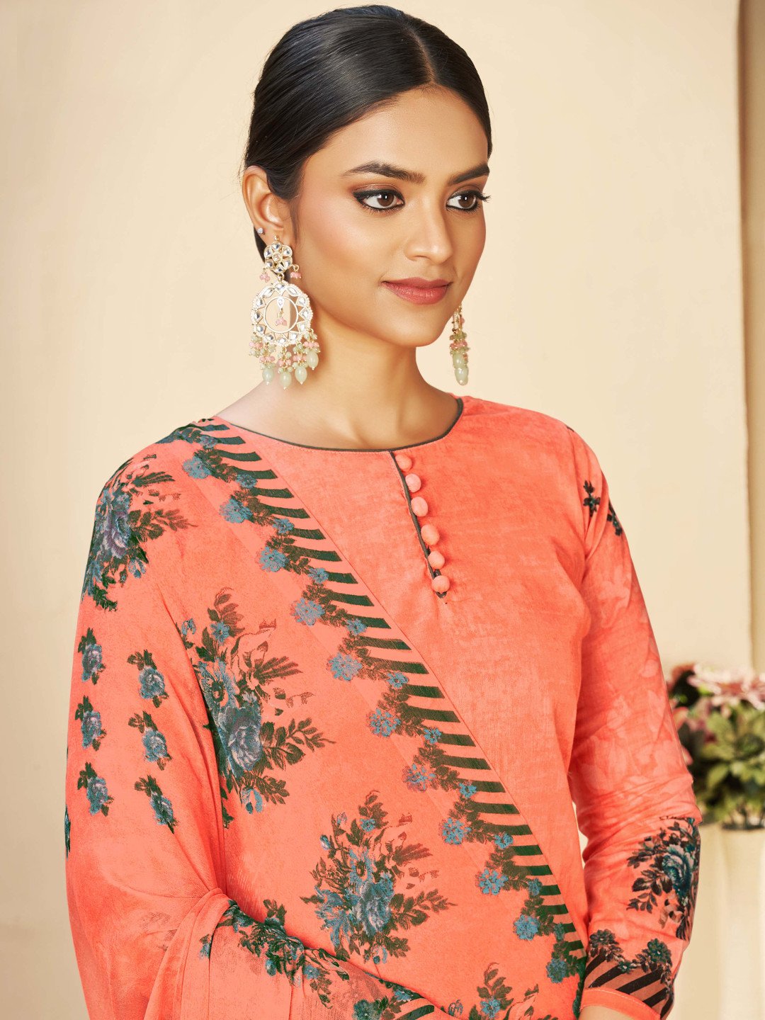 Orange Printed Cotton Unstitched Suit With Chiffon Dupatta