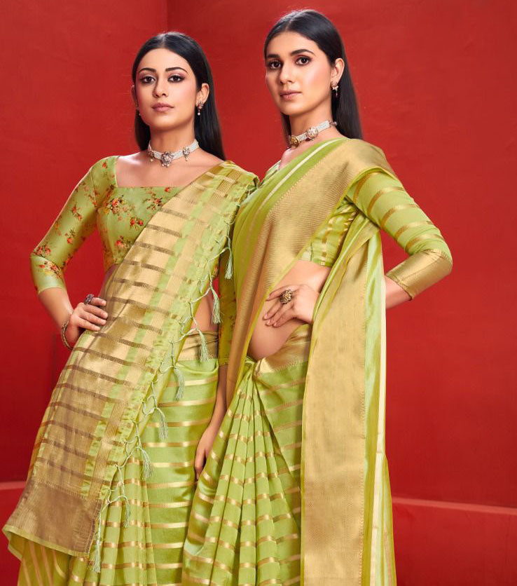 Organza Silk Golden Zari Border Green saree with Two Blouses