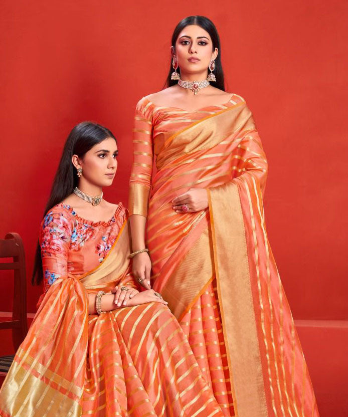 Organza Silk Golden Zari Border Orange saree with Two Blouses