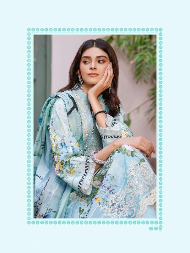 Pakistani Cotton Printed Unstitched Blue Suit Dress Material for Women