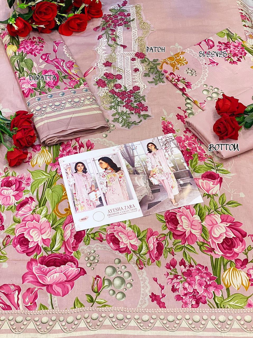 Pakistani Pink Cotton Suit Material for women with Chiffon Dupatta