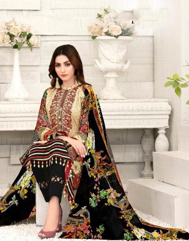 Pakistani Style Lawn Cotton Unstitched Black Suit Material for Women