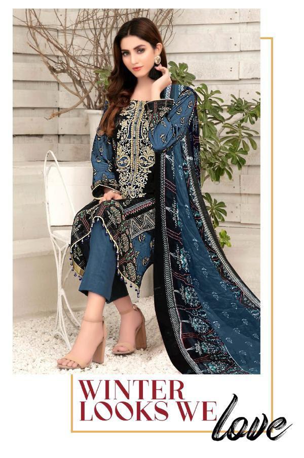 Pakistani Style Lawn Cotton Unstitched Blue Suit Material for Women