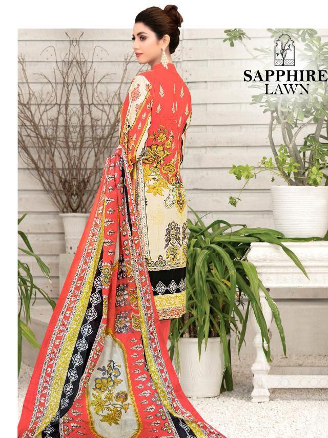 Pakistani Style Lawn Cotton Unstitched Orange Suit Material for Women