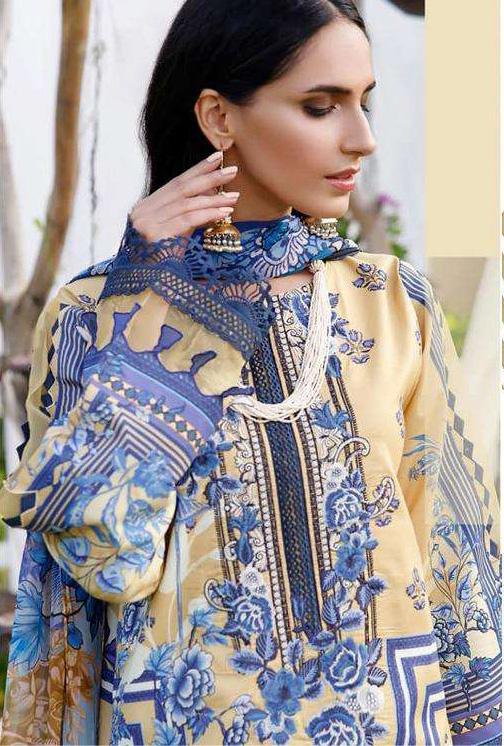 Pakistani Style Unstitched Yellow Lawn Cotton Suit
