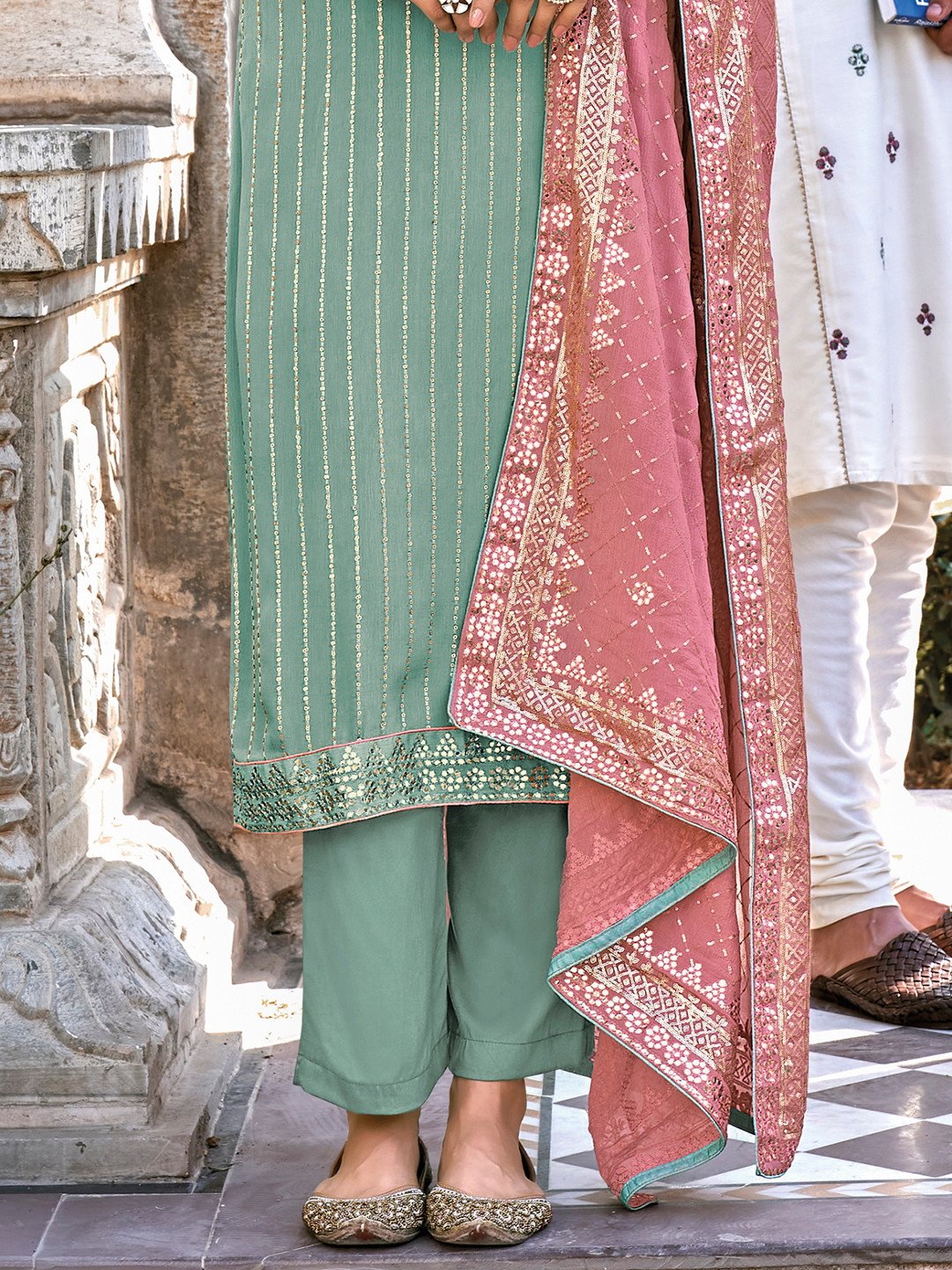 Party Wear Green Chinon Semi Stitched Embroidered Suit Set for Ladies