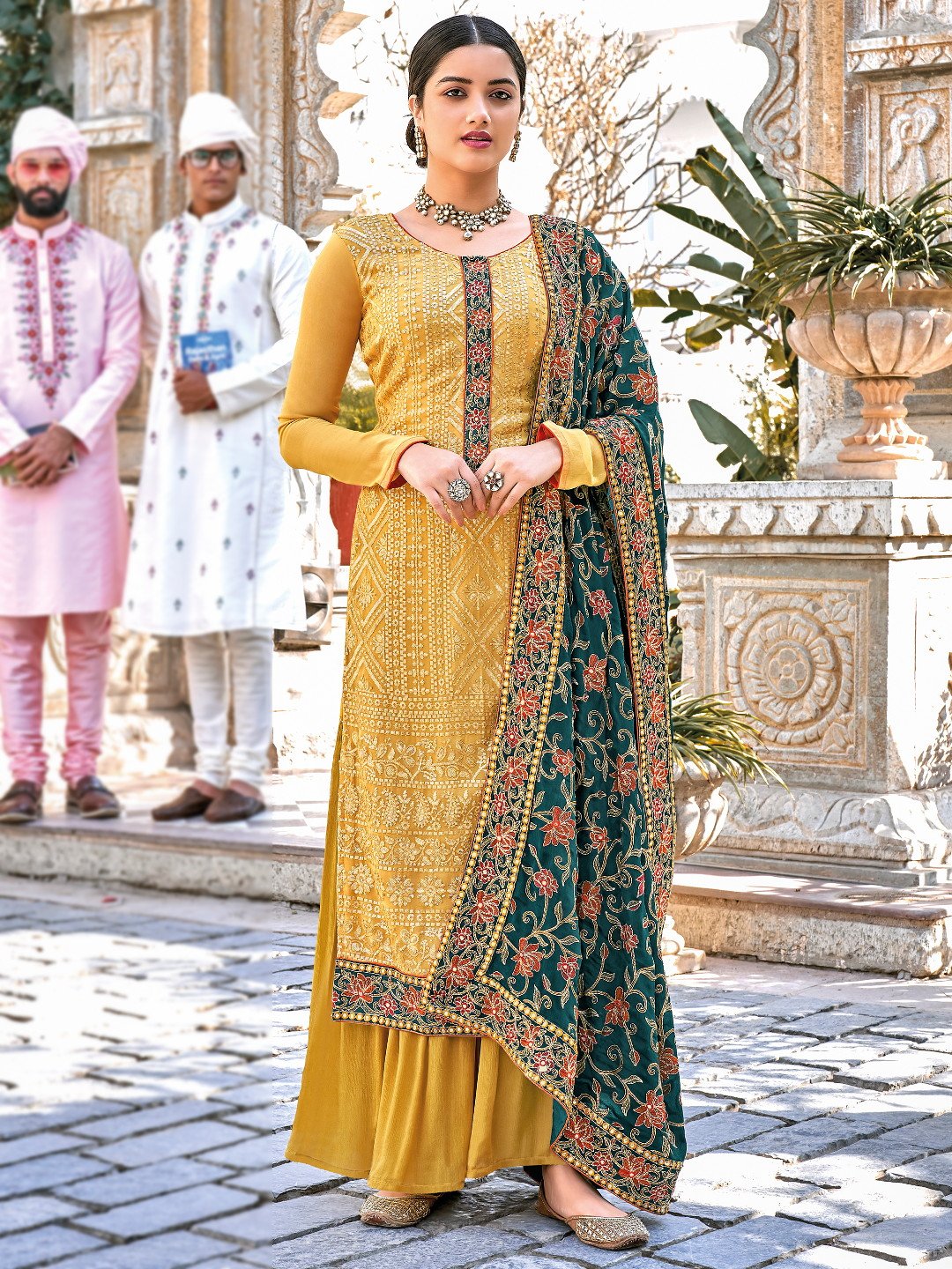 Party Wear Yellow Chinon Semi Stitched Embroidered Suit Set For Women