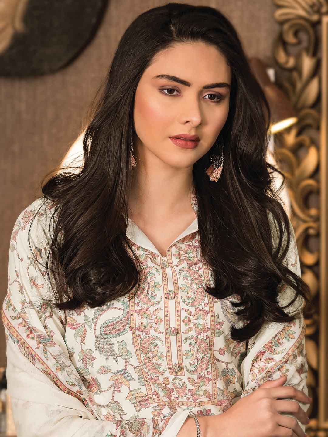 Rivaa Unstitched Cream Winter Pashmina Woolen Printed Suit Dress Material