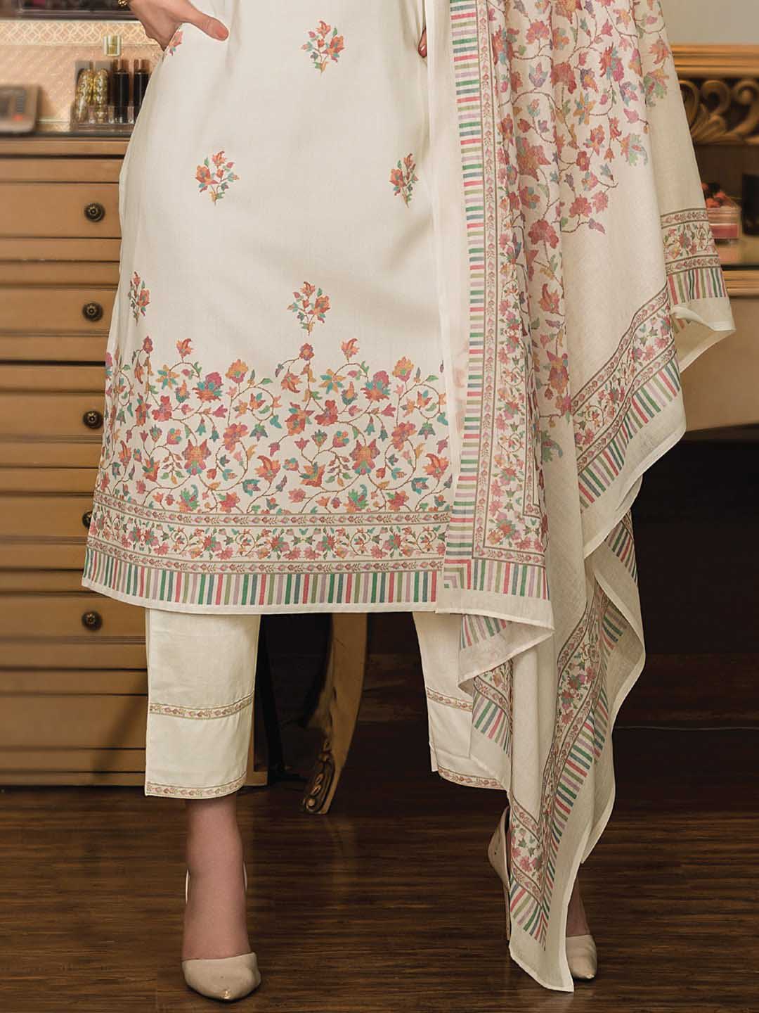 Unstitched Cream Winter Pashmina Woolen Suits Dress Materials
