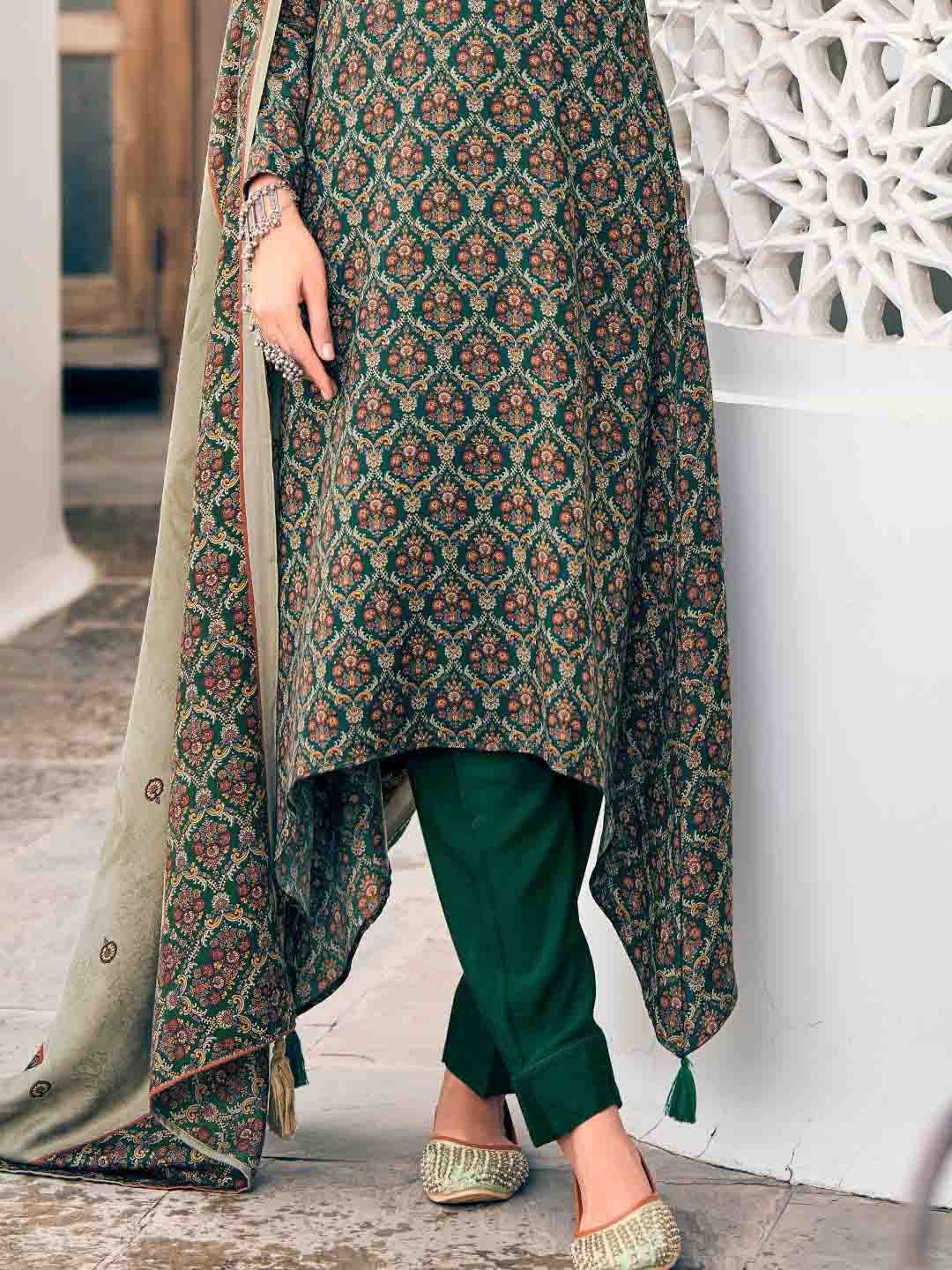 Green Unstitched Pashmina Embroidered Winter Suit Dress Material