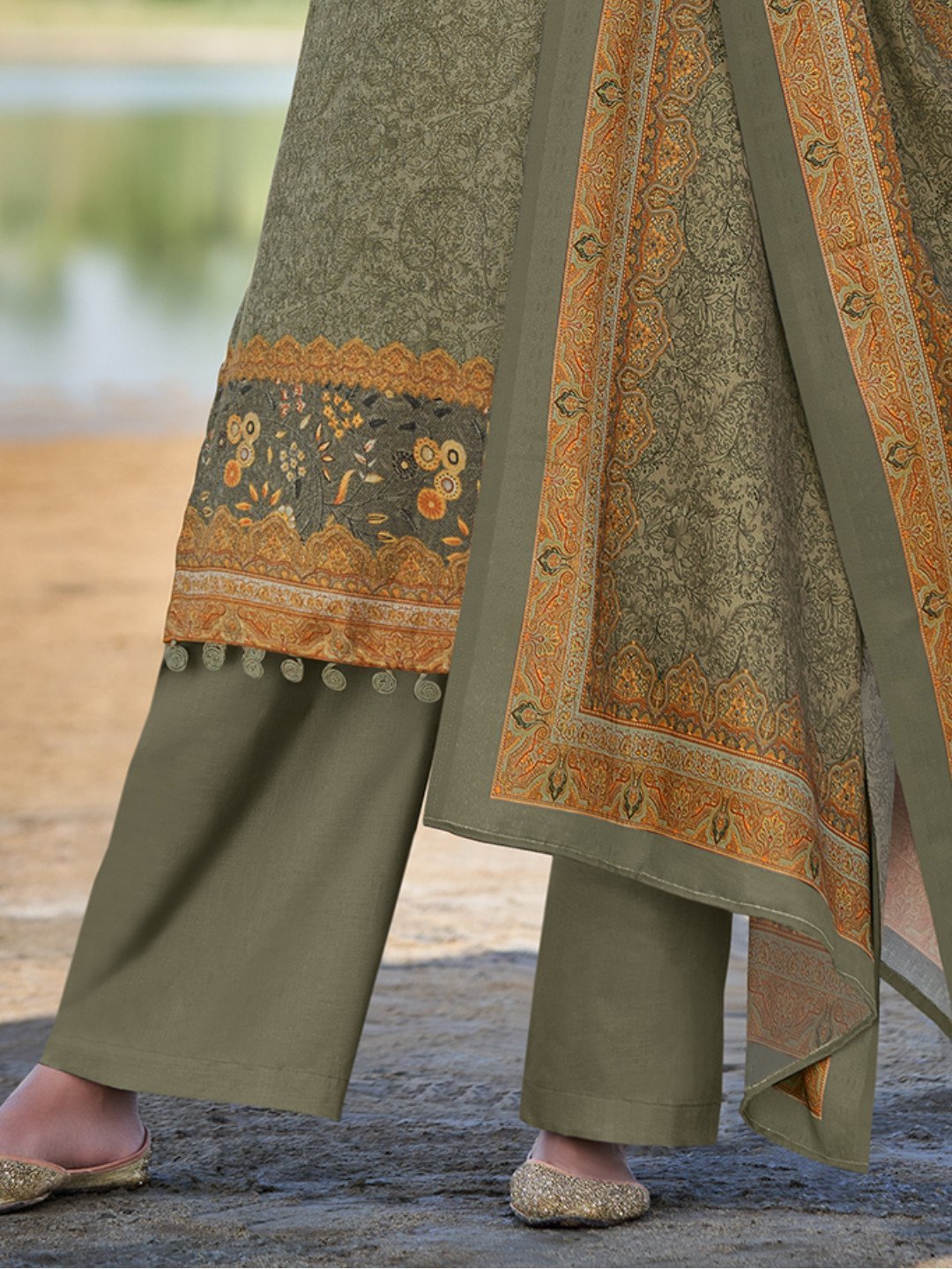 Pashmina Green Unstitched Suits Dress Material for Woman