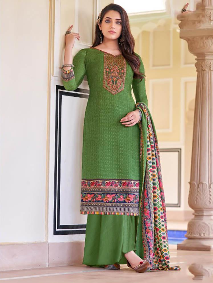 Pashmina Green Unstitched Winter Suits With Printed Dupatta