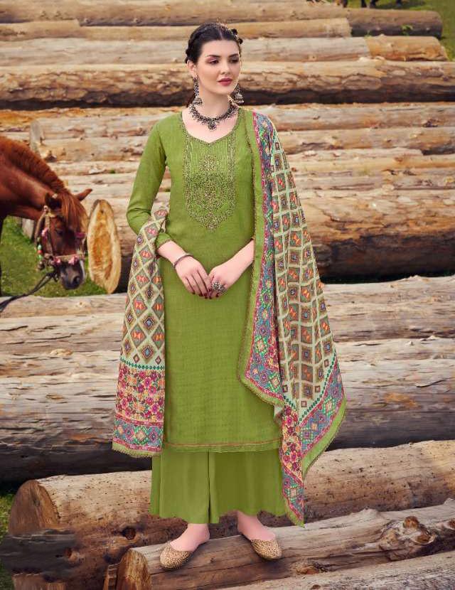 Pashmina Green Winter Unstitched Suit Material With Dupatta