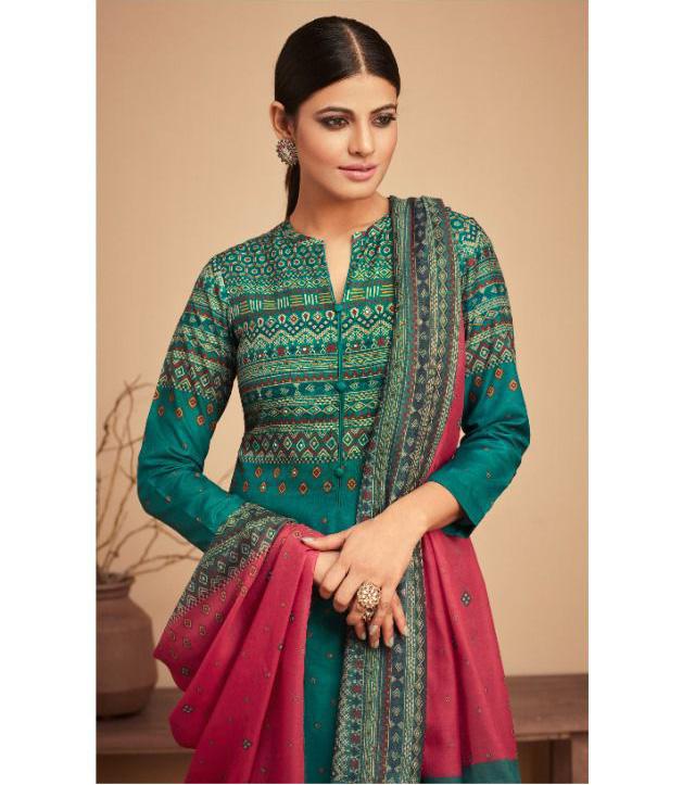Pashmina Green Winter Unstitched Suit With Printed shawl