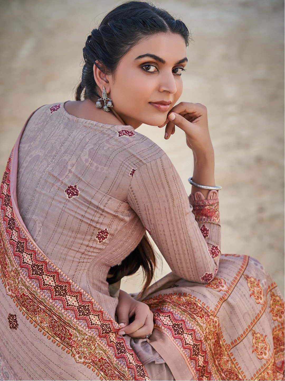 Mumtaz Arts Pashmina Brown Unstitched Winter Suit Dress Material
