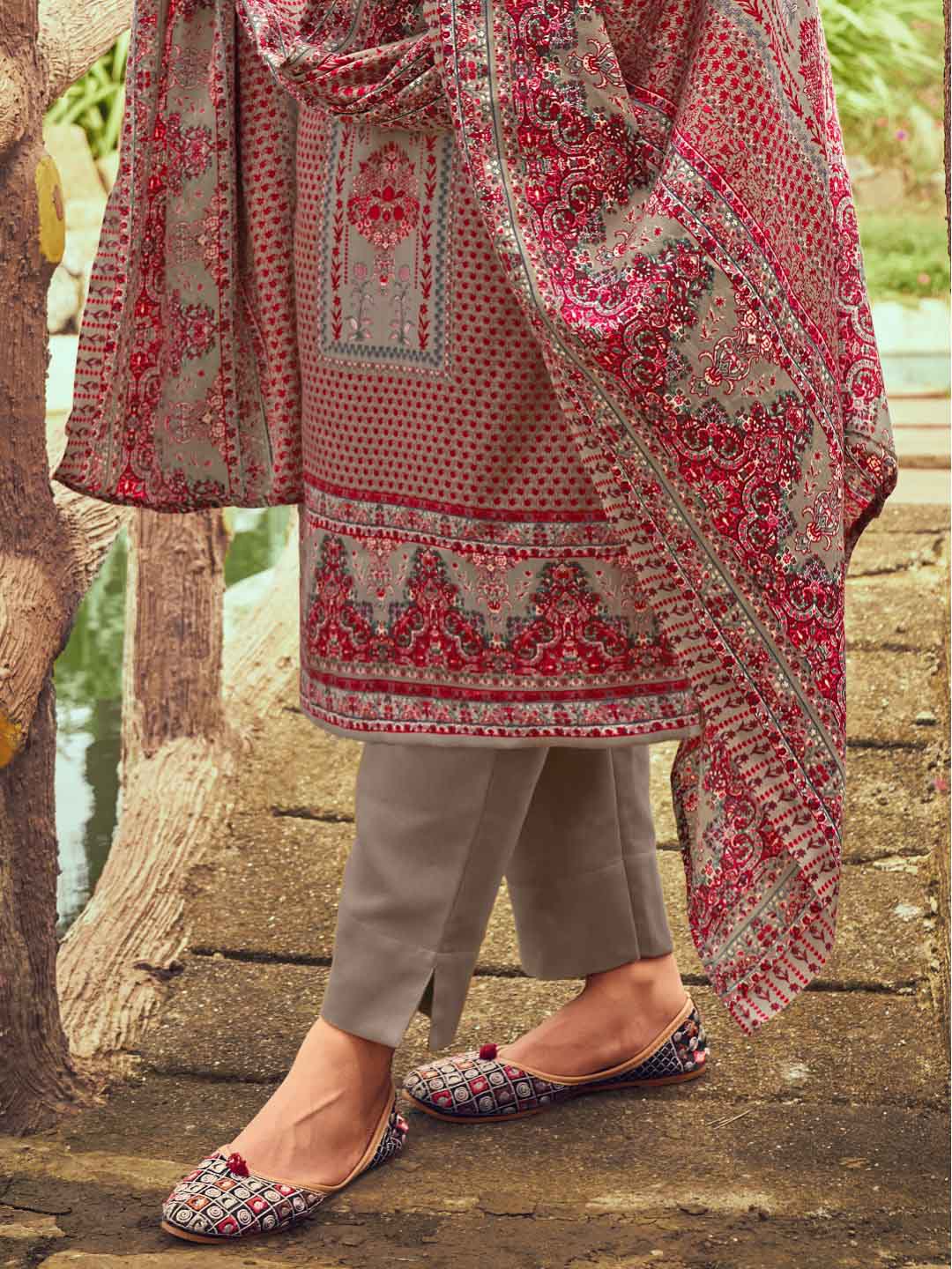 Woollen Pashmina Brown Printed Unstitched Winter Suit