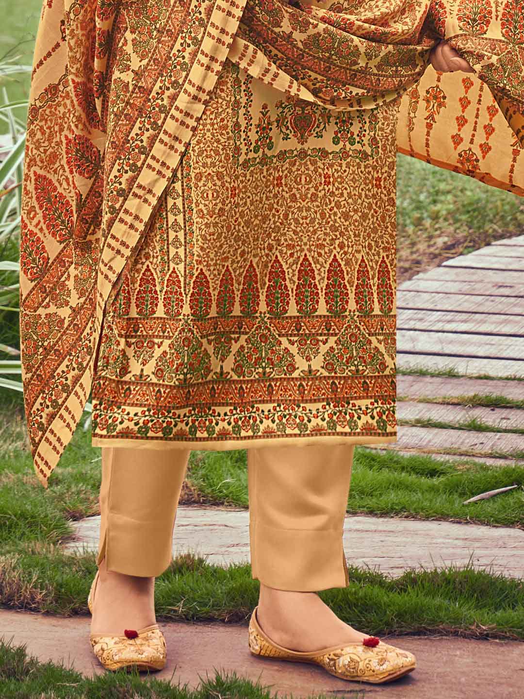 Woollen Pashmina Mustard Printed Unstitched Winter Suit