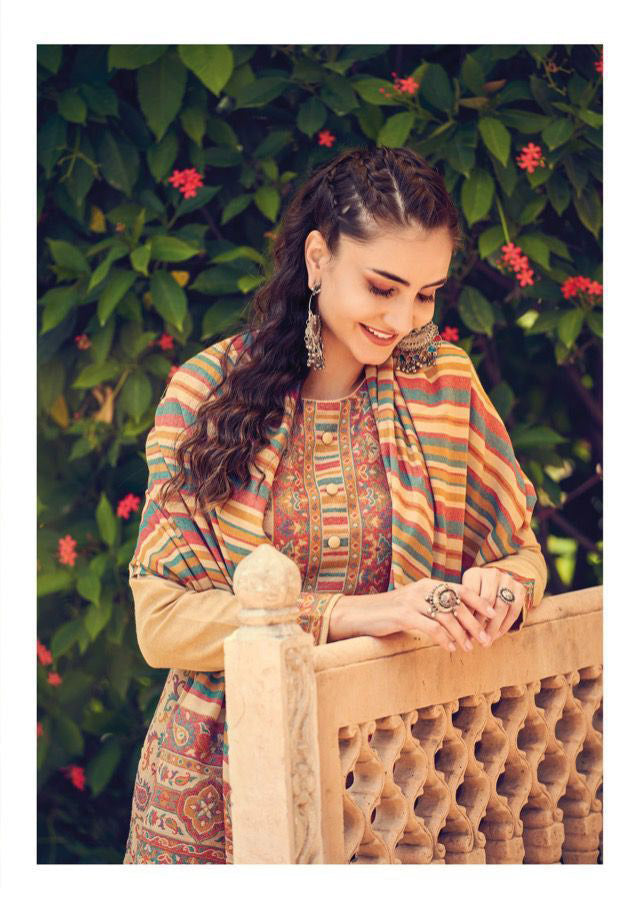 Handloom Weaving Pashmina Beige Unstitched Winter Suit