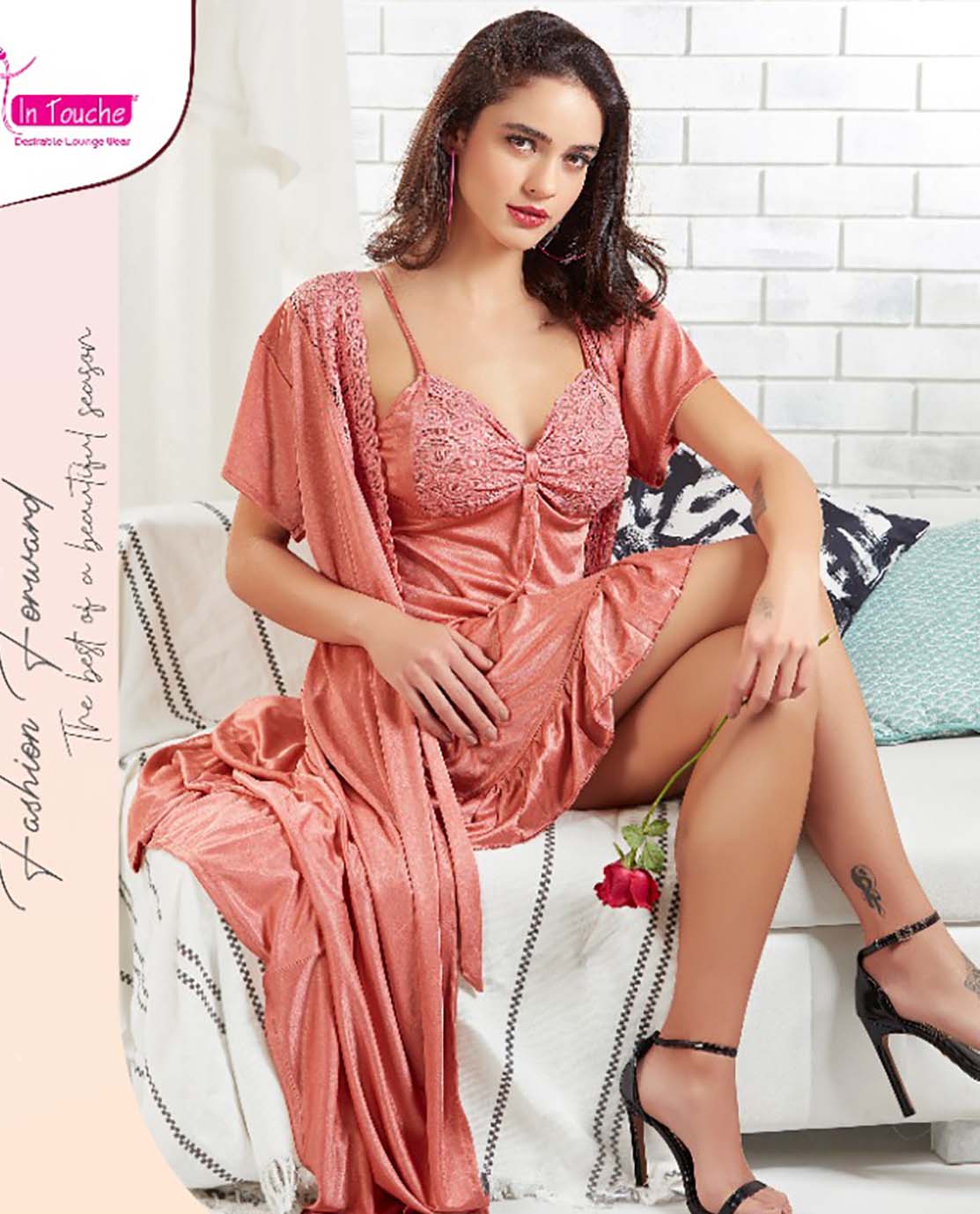 Pink Babydoll Satin Nighty with Robe nightgown set