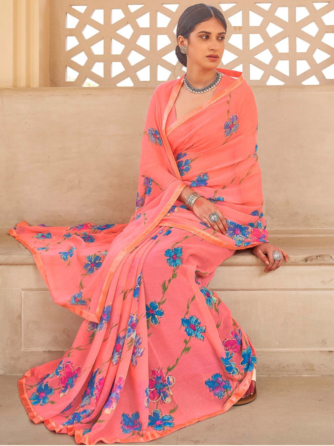Pink Printed Georgette Sarees with Lace for Women