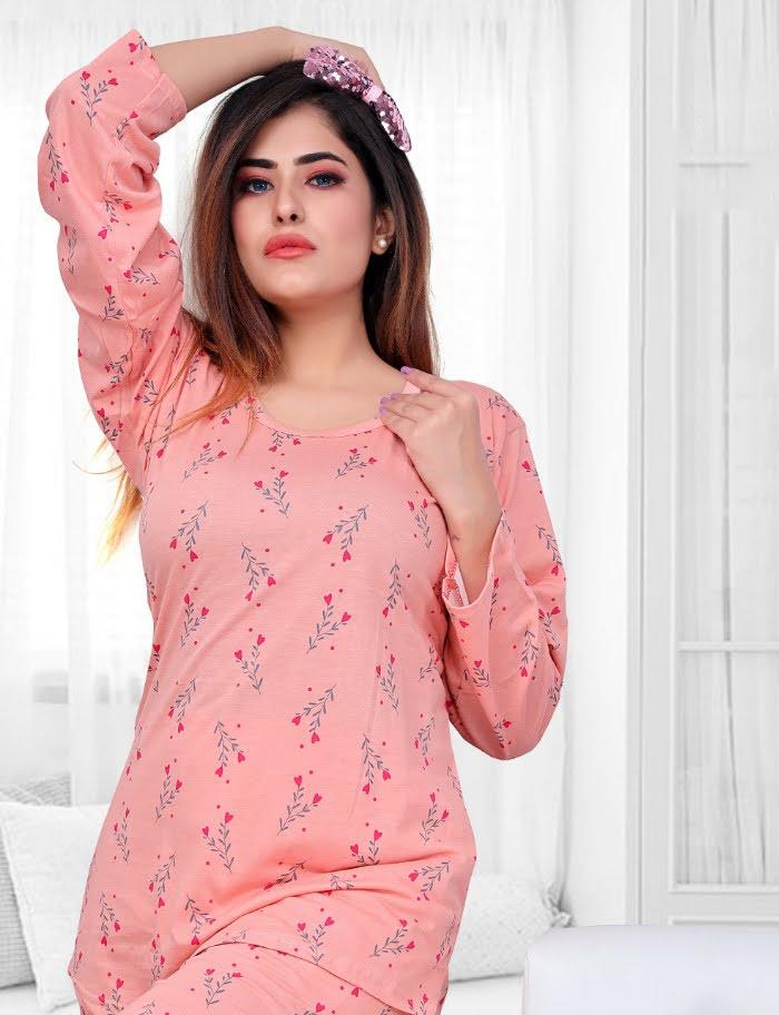 Pink Printed Long Top Cotton Night Suit for Ladies