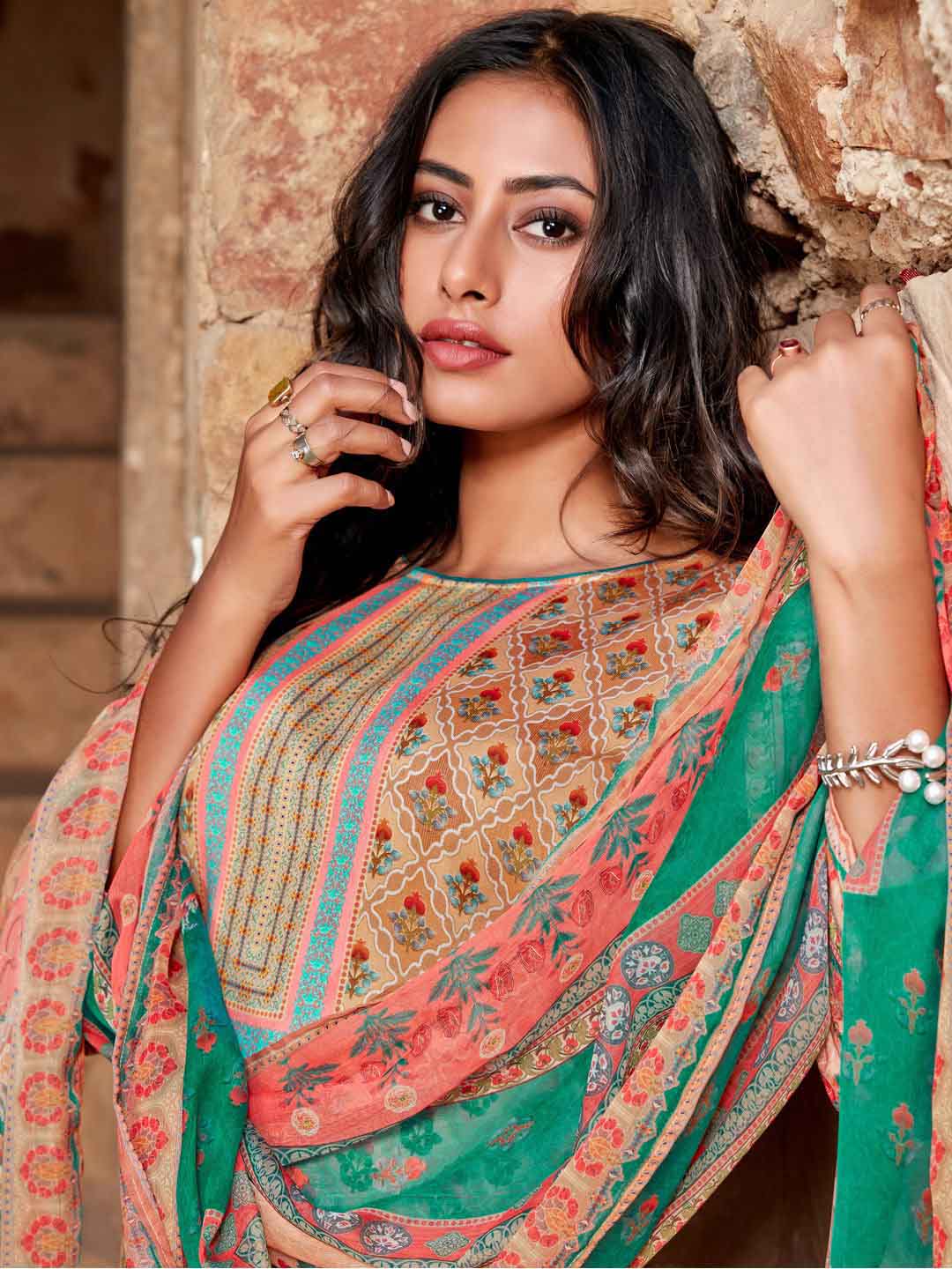 Printed Brown Unstitched Women Suit with Chiffon Dupatta