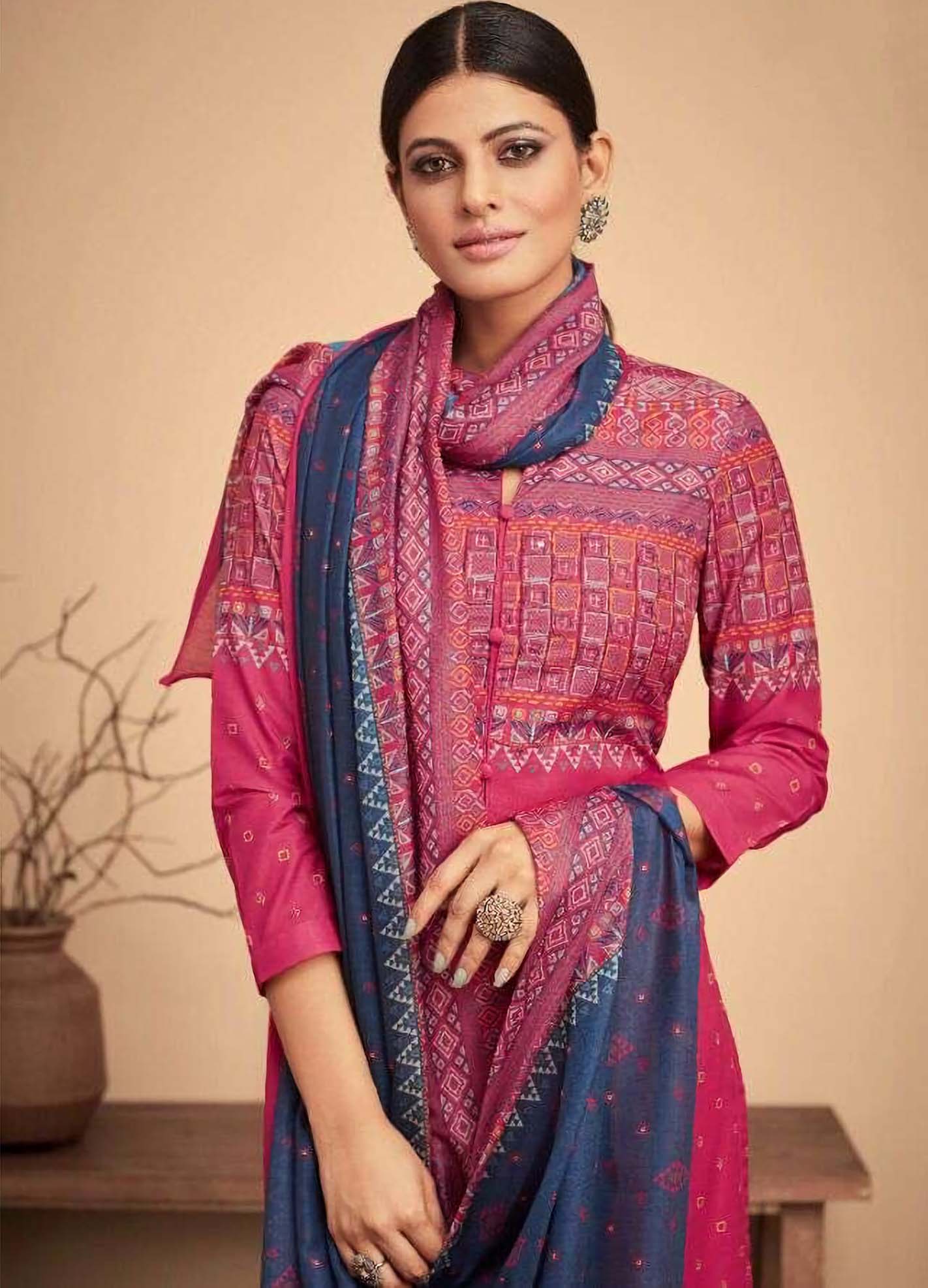 Printed Cotton Satin Unstitched Suits With Mirror Work For Women