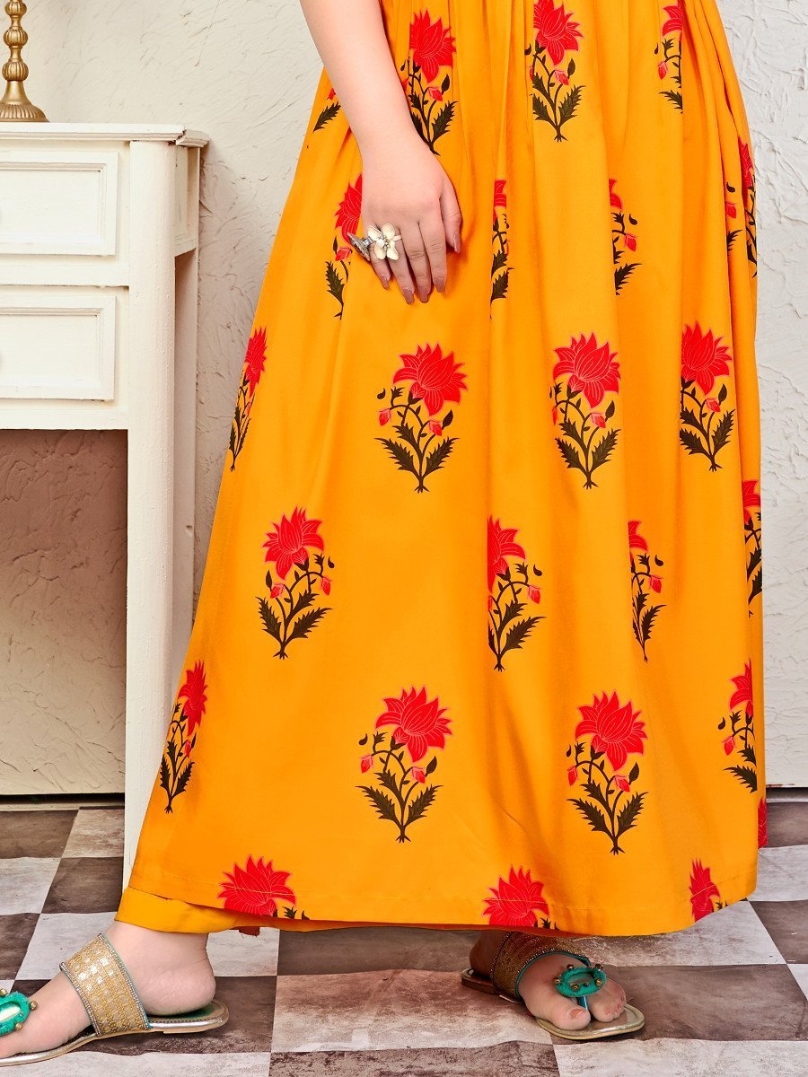 Printed Daily Wear Orange Long Kurtis
