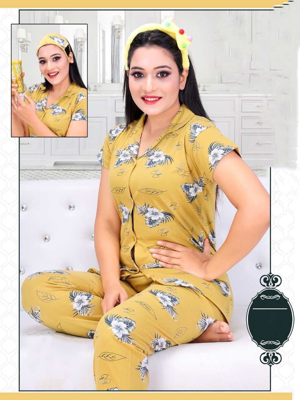 Printed Girls Dark Yellow Cotton Night Suit Top and Pajamas Set