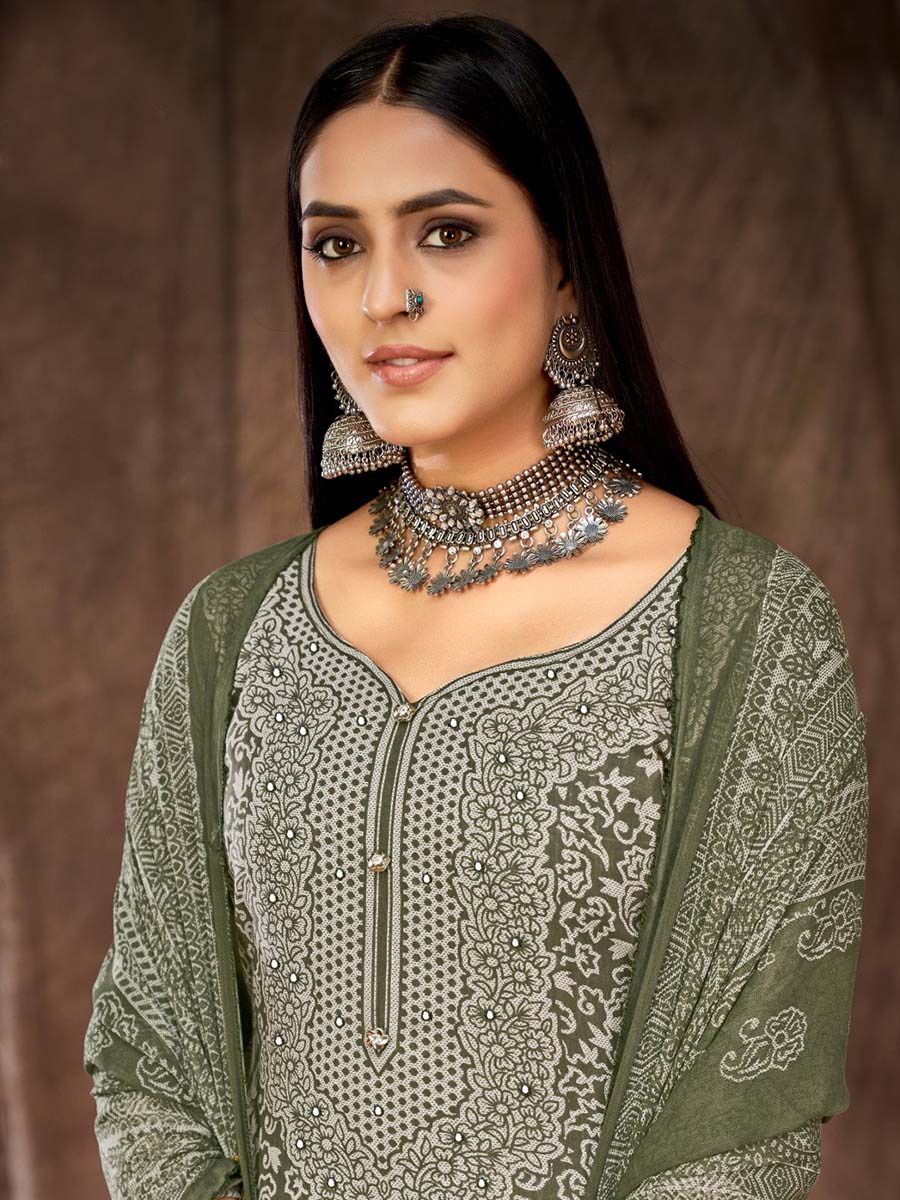 Printed Green Cotton Unstitched Suit Material