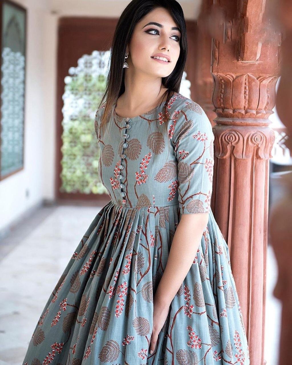Printed Grey Long Women Kurta