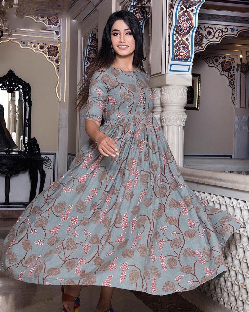 Printed Grey Long Women Kurta