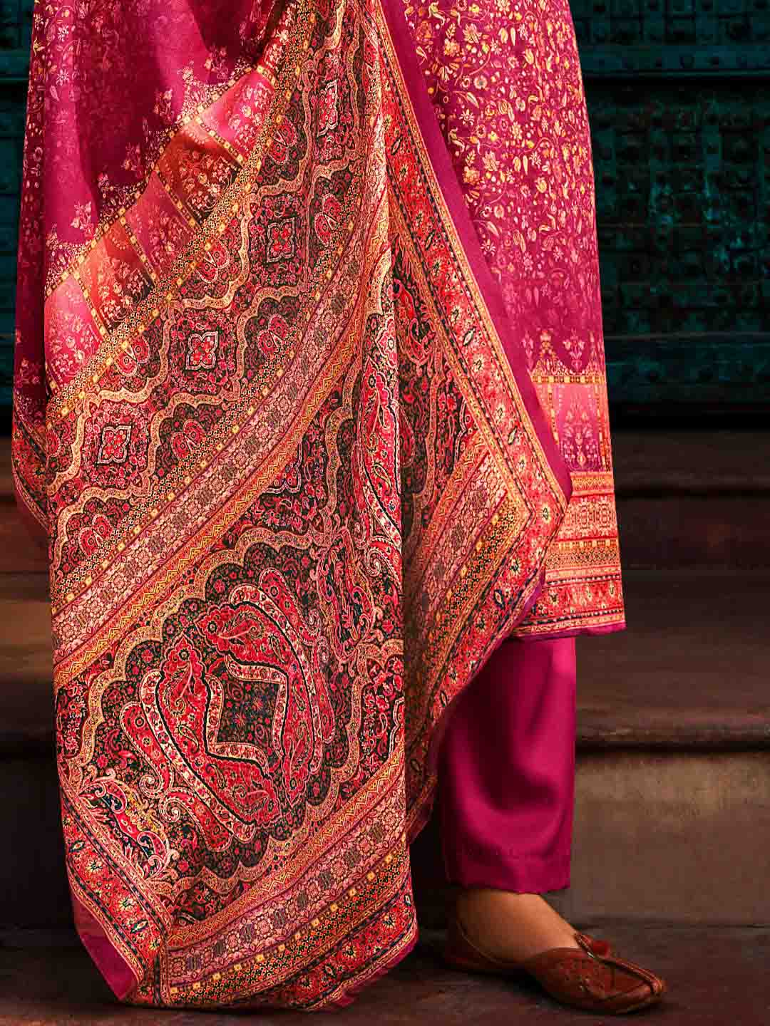 Belliza Printed Magenta Woollen Pashmina Unstitched Winter Suits