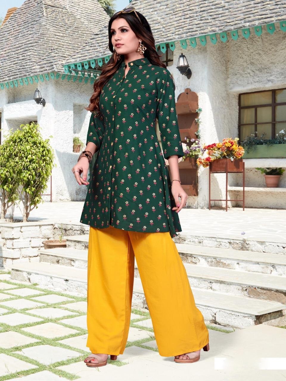 Printed Rayon Green Kurtis with Palazzo Set