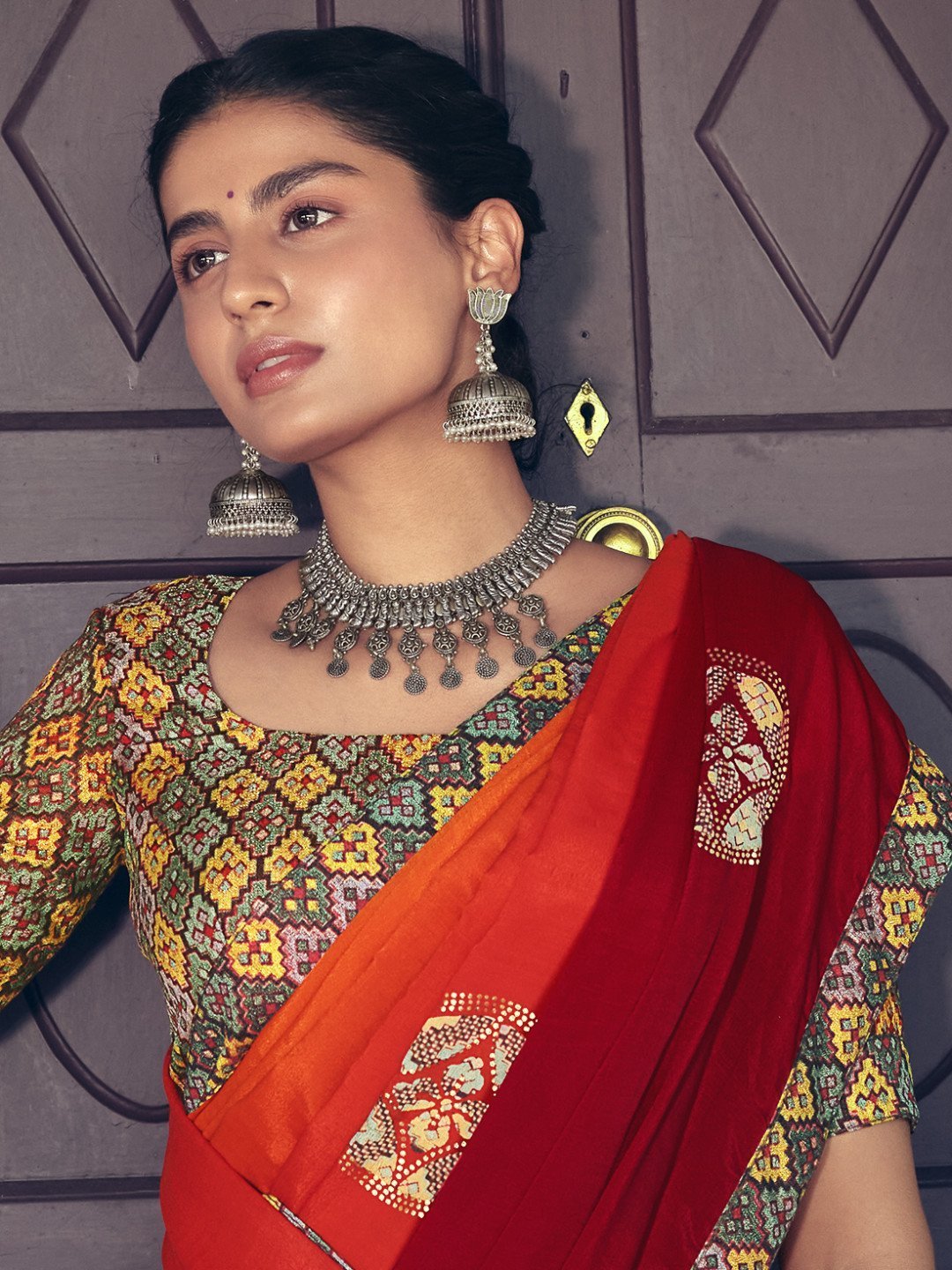 Pure Chiffon Printed Orange Saree with Designer Blouse