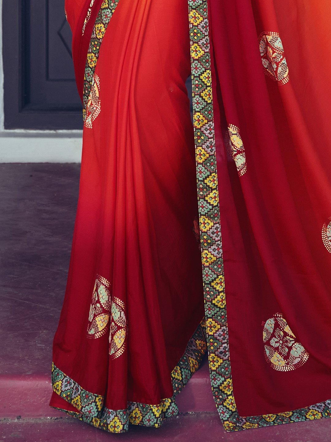 Pure Chiffon Printed Orange Saree with Designer Blouse