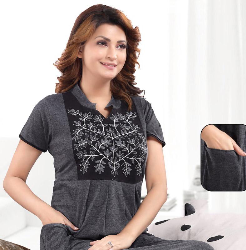 Pure cotton Black hosiery nighty Gown with embroidery