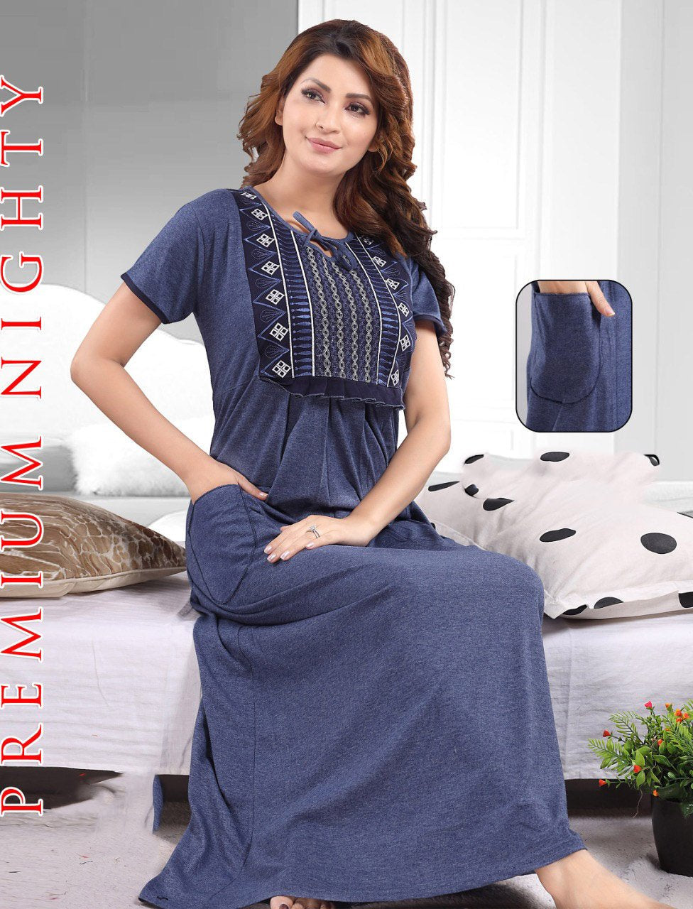 Women Hosiery Solid Grey Night Gown | Maxi | Nighty | Embroidery Neck |  With Pocket