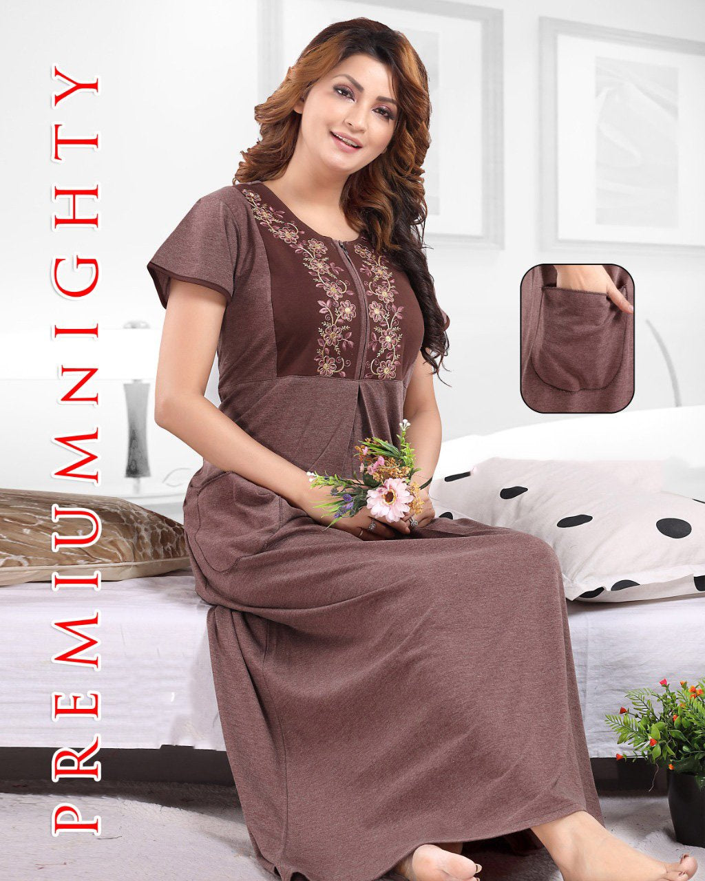 Pure cotton Brown hosiery nighty Gown for Women