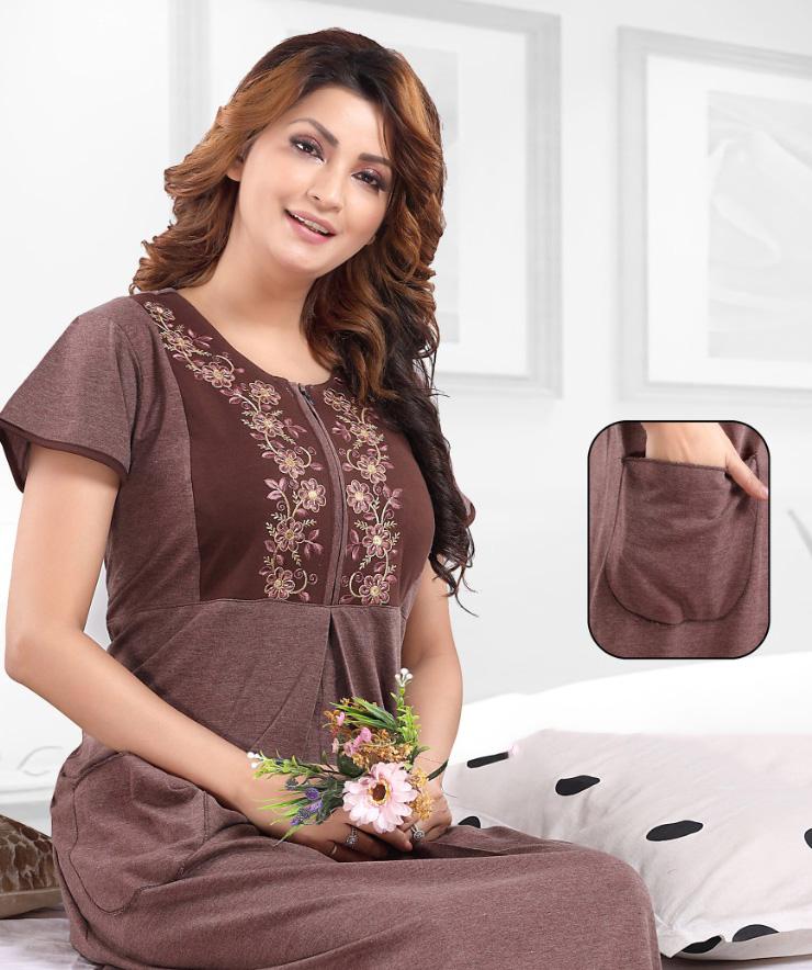 Pure cotton Brown hosiery nighty Gown for Women