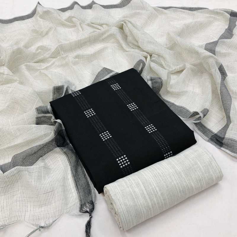 Pure Cotton Handloom Unstitched Black Ethnic Salwar Suit Material