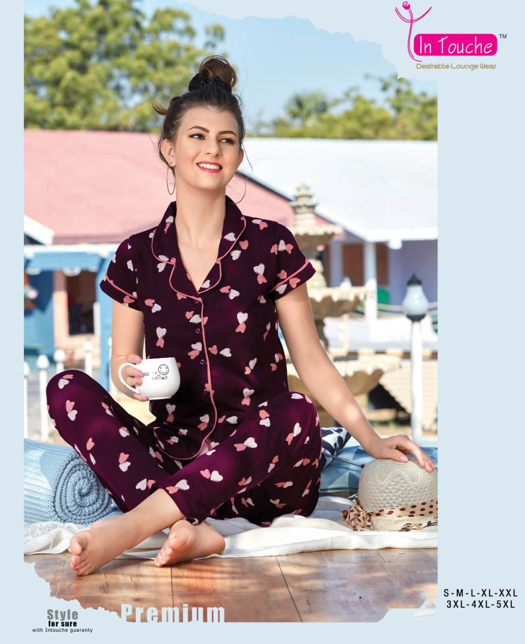 Pure Cotton Night Suit Set for Ladies with Collar Maroon