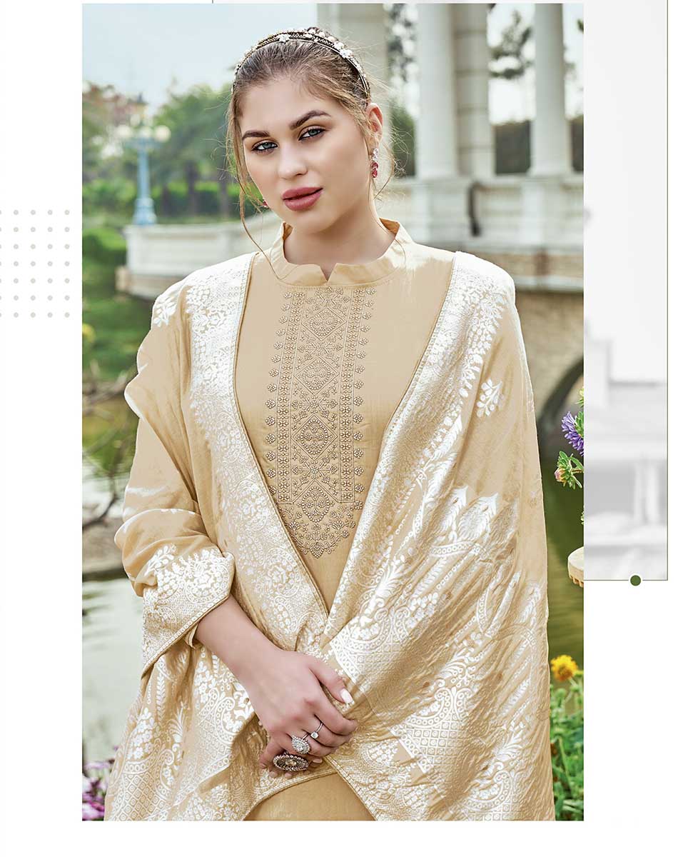 Pure Cotton Orange Unstitched Suit Material with Lucknowi Work