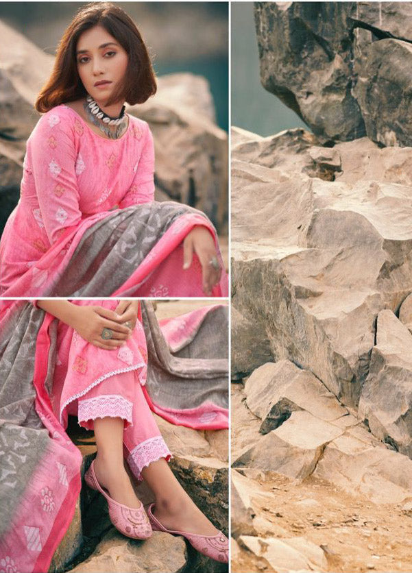 Pure Cotton Pink Unstitched Printed Suit Material